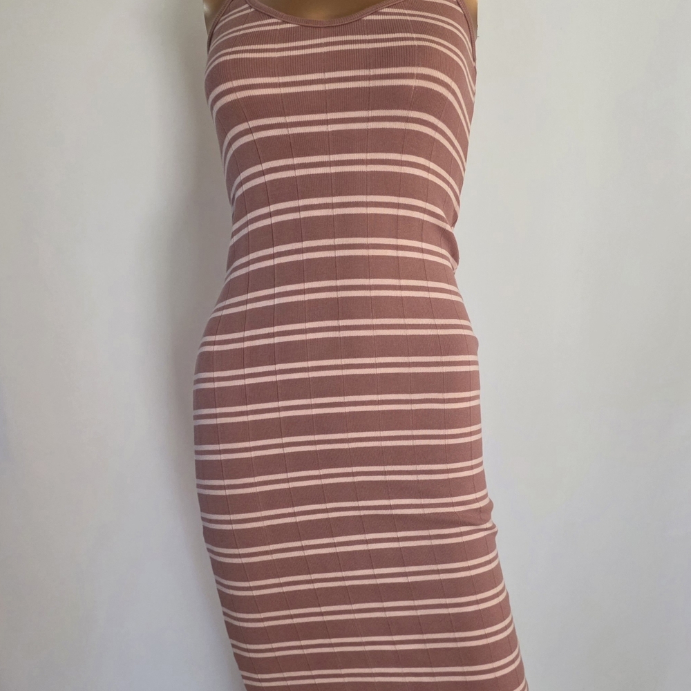 wild fable Mauve and Light Pink Striped Ribbed Midi Dress
